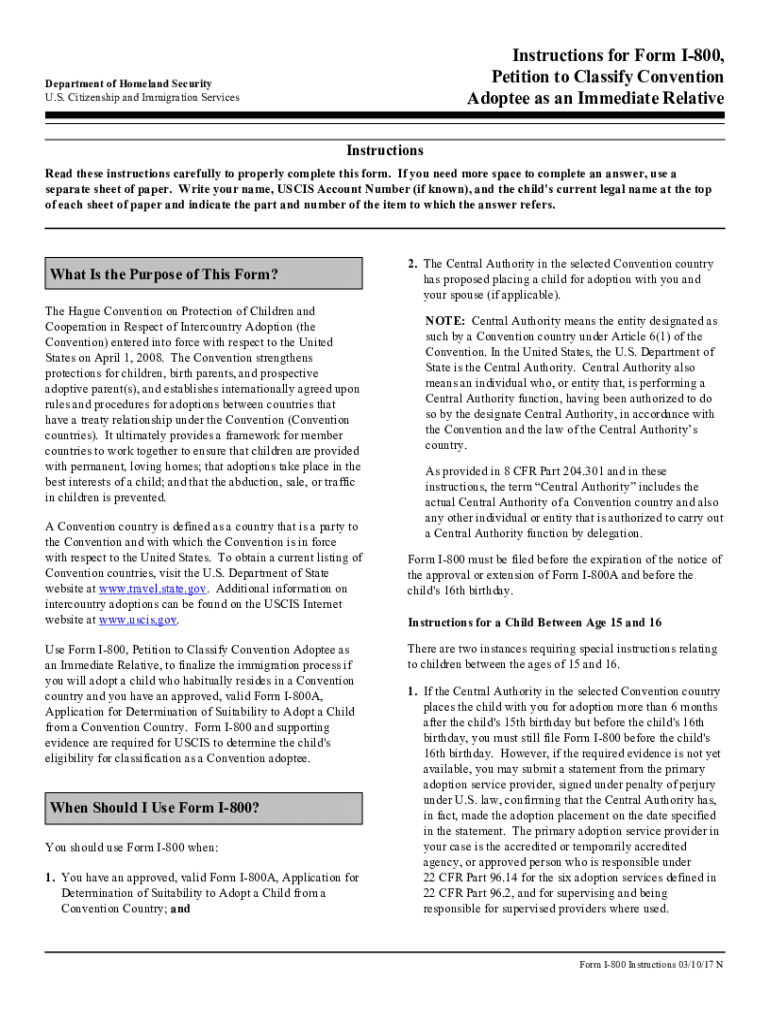 Fillable Online Instructions for Form I 800, Department of