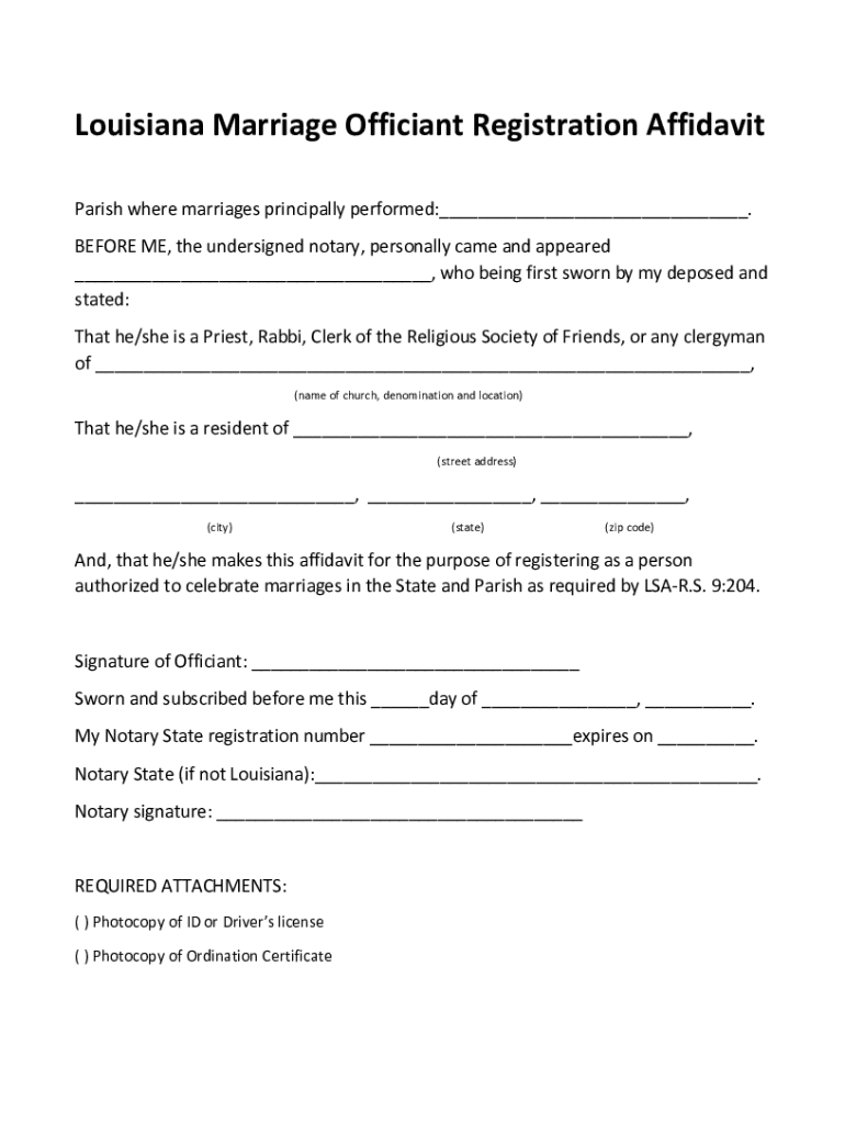 Louisiana Marriage Officiant Registration Affidavit DOCX  Form