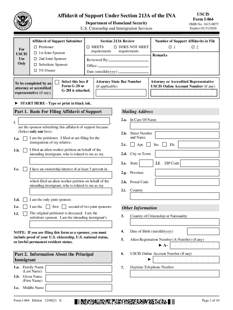  Form I 864A, Contract between Sponsor and USCIS 2021