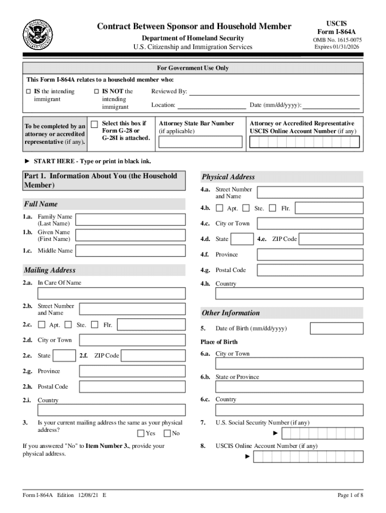  PDF Form I 864A, Contract between Sponsor and Household Member 2021