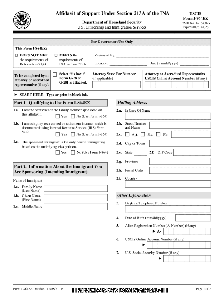  PDF Form I 864EZ, Affidavit of Support under Section 213A of the INA 2021