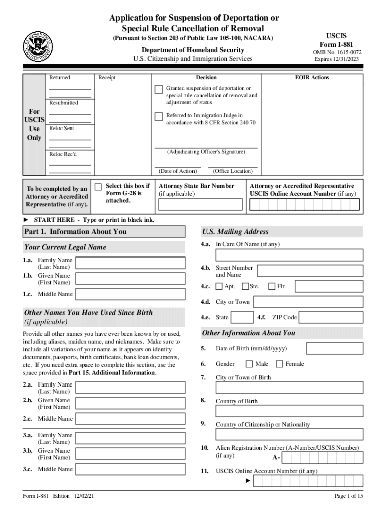 Form I 881 Application for Suspension of Deportation or