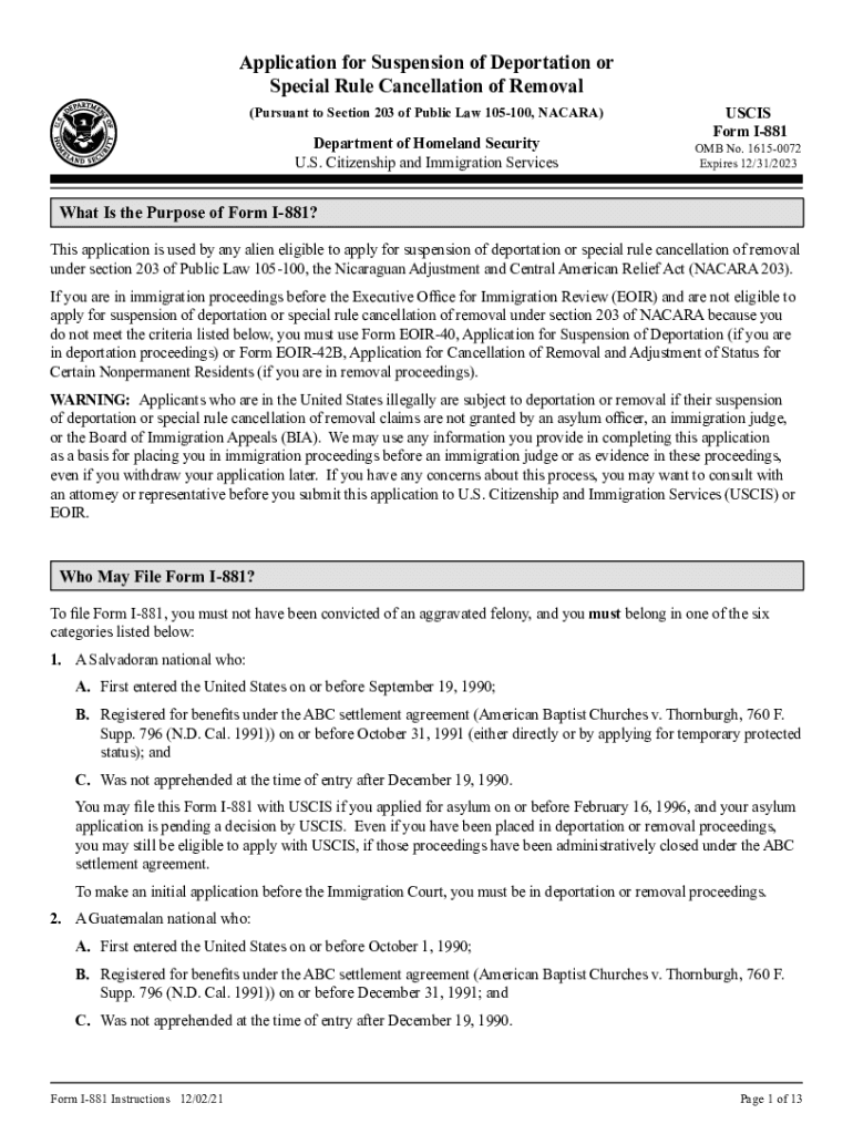 Update to Form I 881, Application for Suspension of