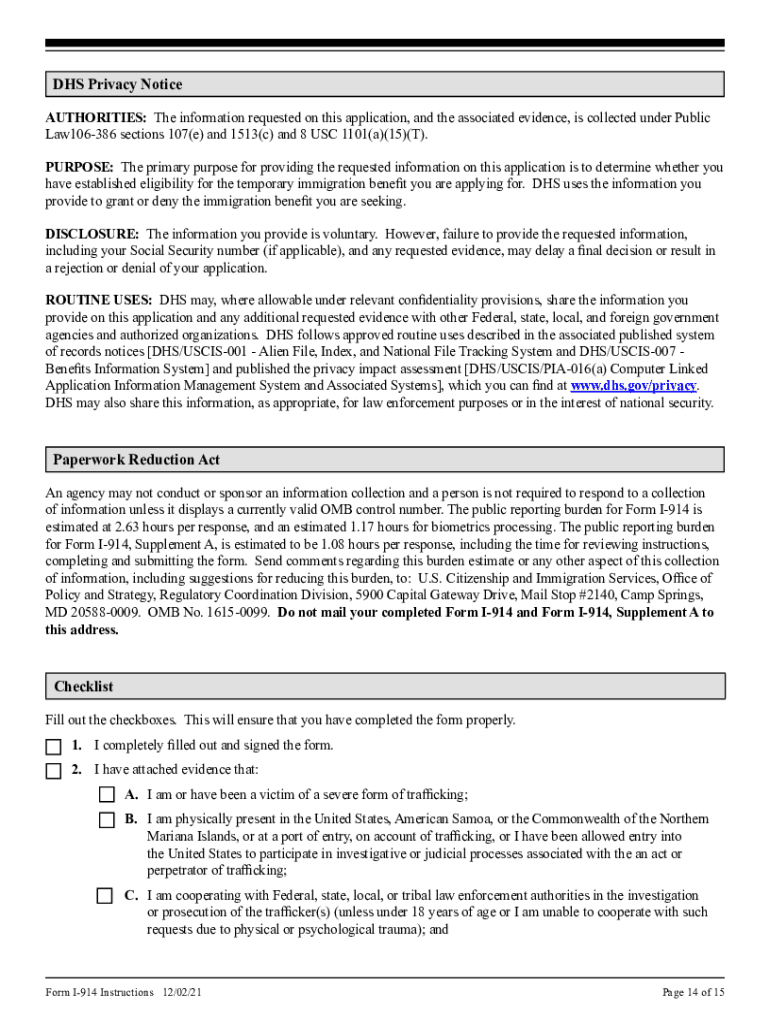 Instructions for Form I 914, Department of Homeland