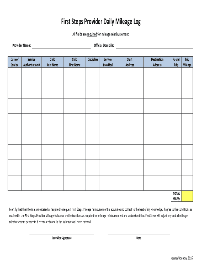 First Steps Provider Daily Mileage Log Missouri Department of  Form