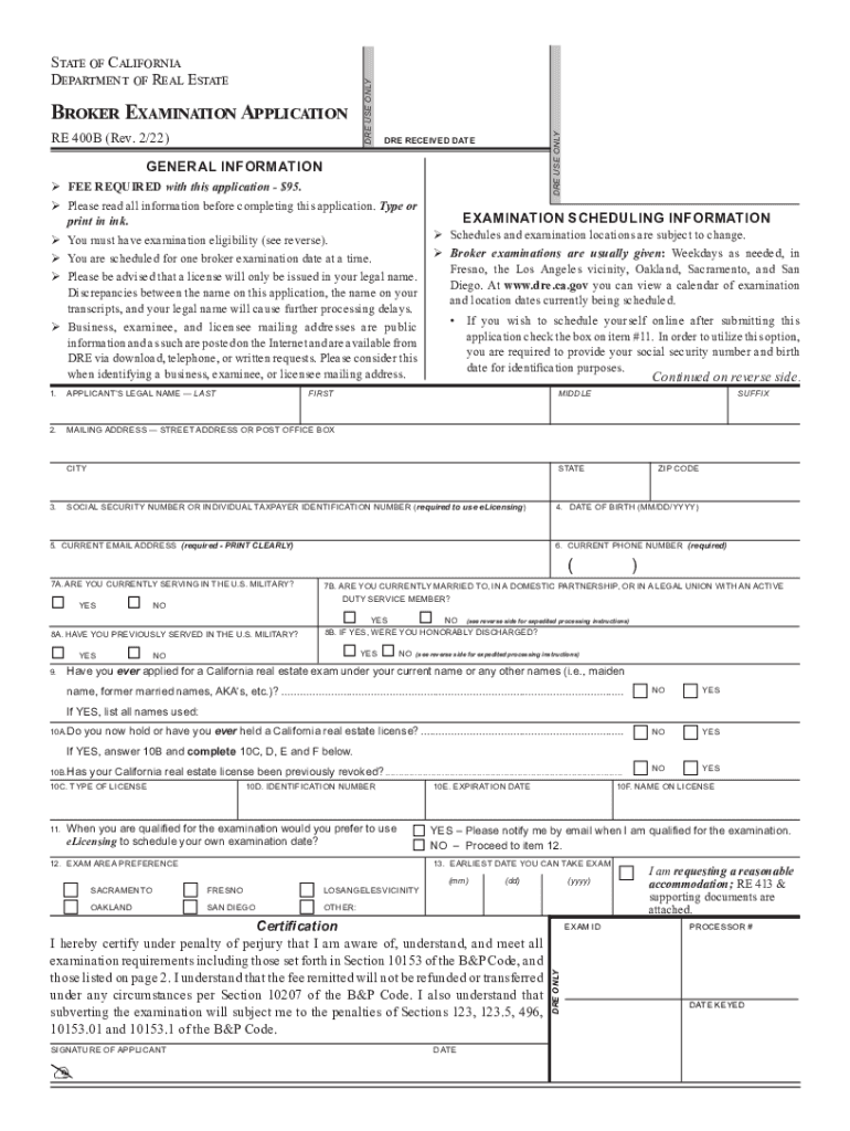 Fillable Online Dre Ca Broker Examination Application RE  Form