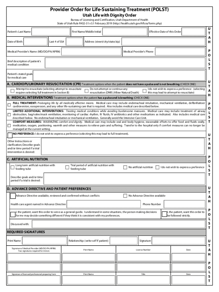 Provider Order for Life Sustaining Treatment POLST Utah  Form