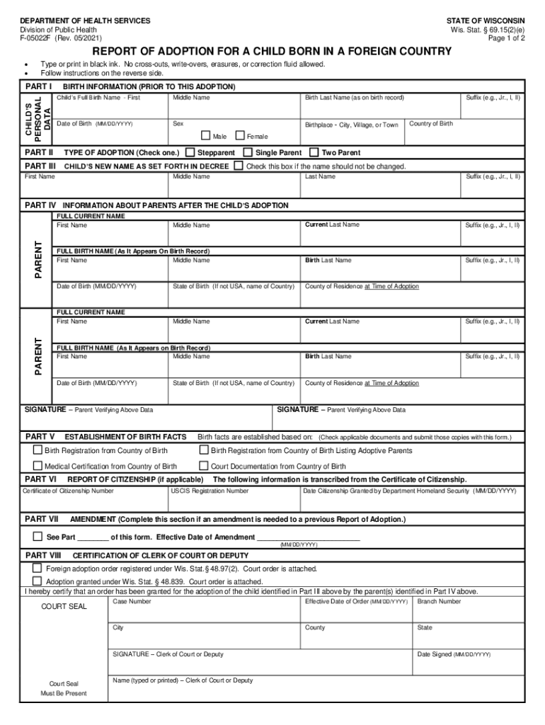 Report of Adoption for a Child Born in a Foreing Country  Form