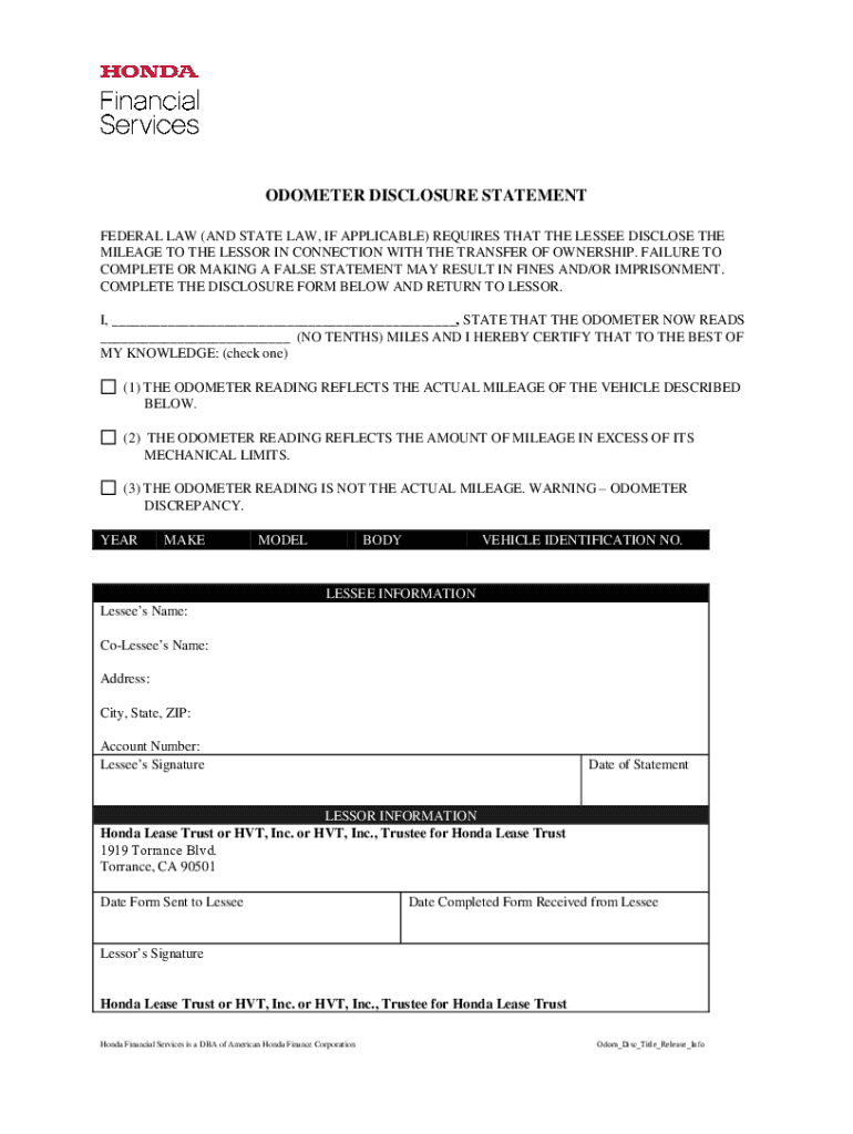  Odometer Mileage Disclosure Statement 2017-2024