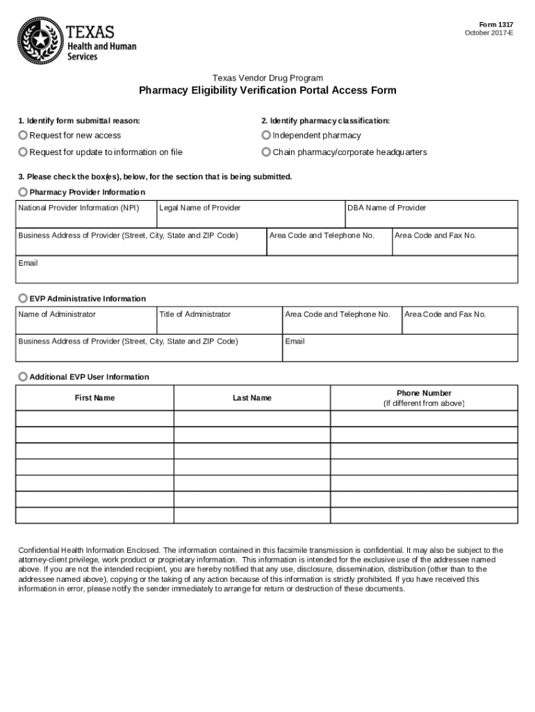 Form 1317, Pharmacy Eligibility Verification Portal Access Form