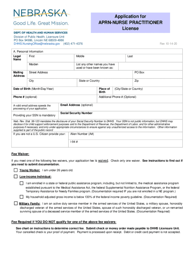 Fillable Online Dhhs Ne APRN Nurse Practitioner License  Form