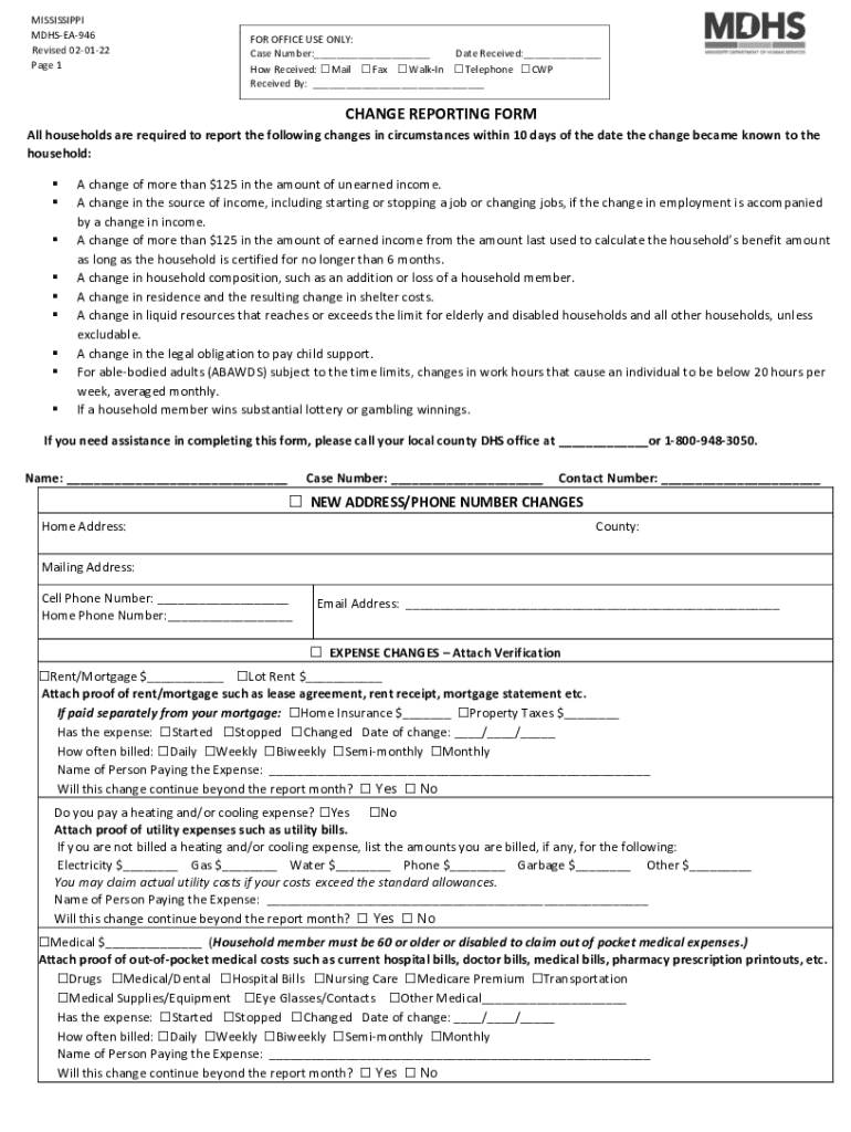 Fillable Online Change Reporting Form MDHS Fax Email