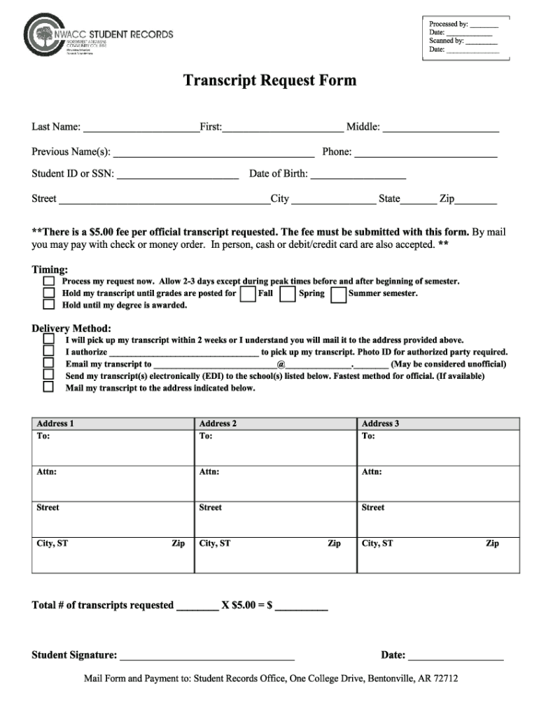 Transcript Request NorthWest Arkansas Community College  Form
