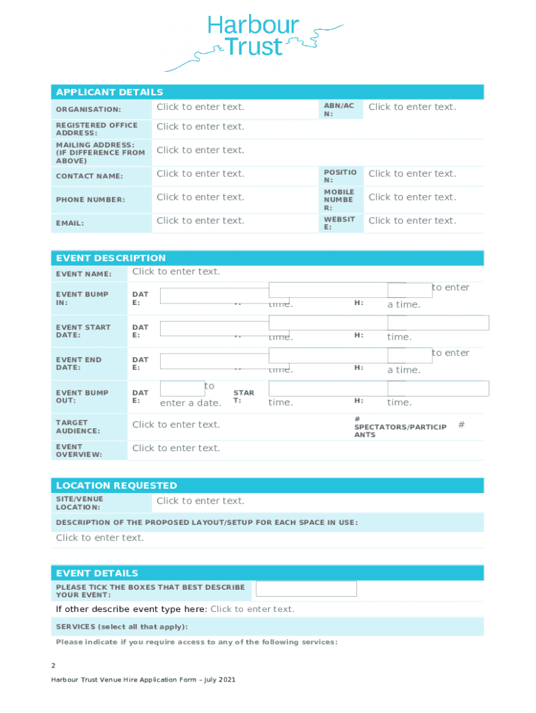 Venue Hire Application Form DOCX Harbour Trust