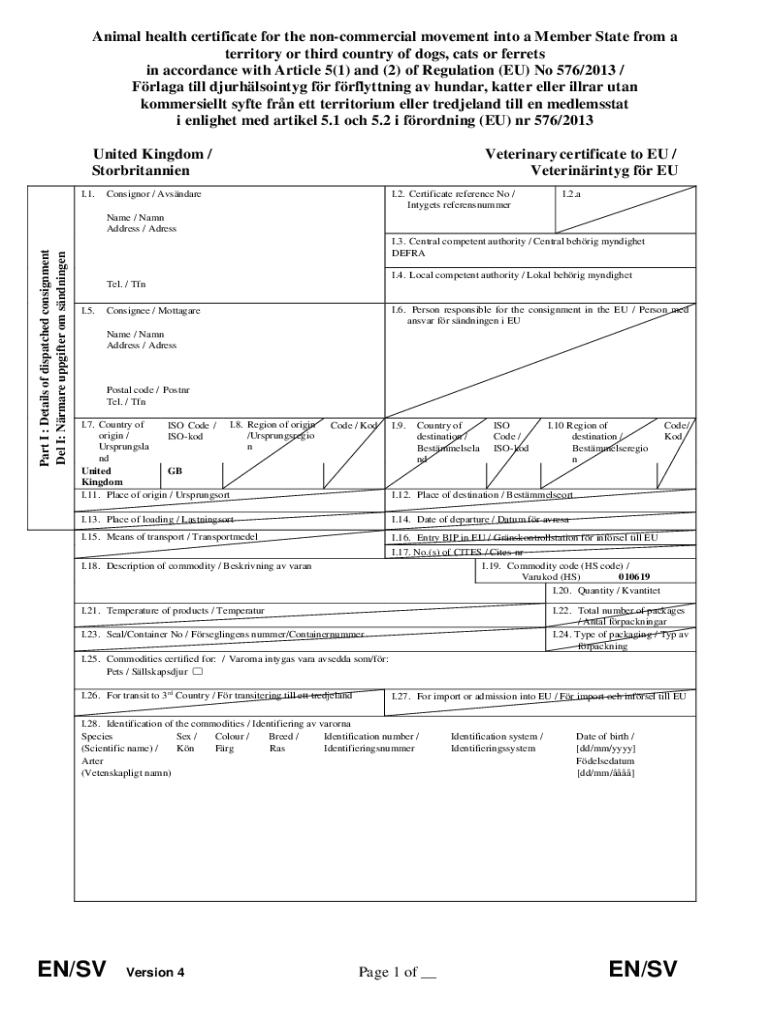 Uk Animal Health Certificate  Form