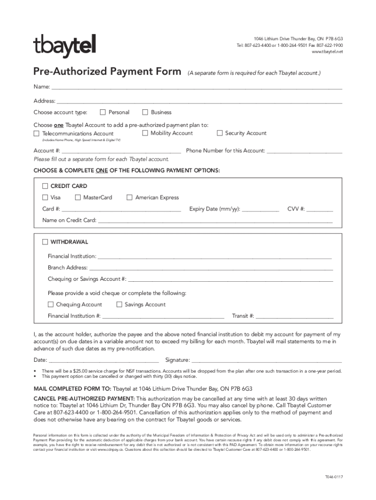  Www Uslegalforms Comform Library301865 PrePre Authorized Payment Form Tbaytel Fill and Sign 2017-2024