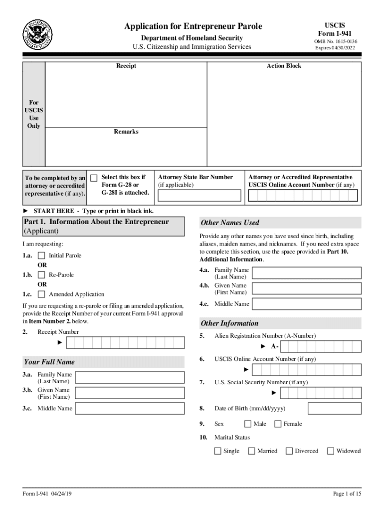  Fillable Online Application for Entrepreneur Parole 2019