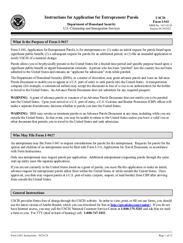 Application for Entrepreneur USCIS Parole Department of  Form