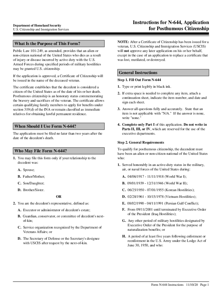 Instructions for N 644, Application Department of Homeland  Form