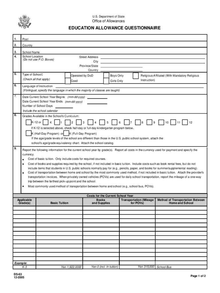 Eforms State GovFormsds63EDUCATION ALLOWANCE QUESTIONNAIRE INSTRUCTIONS