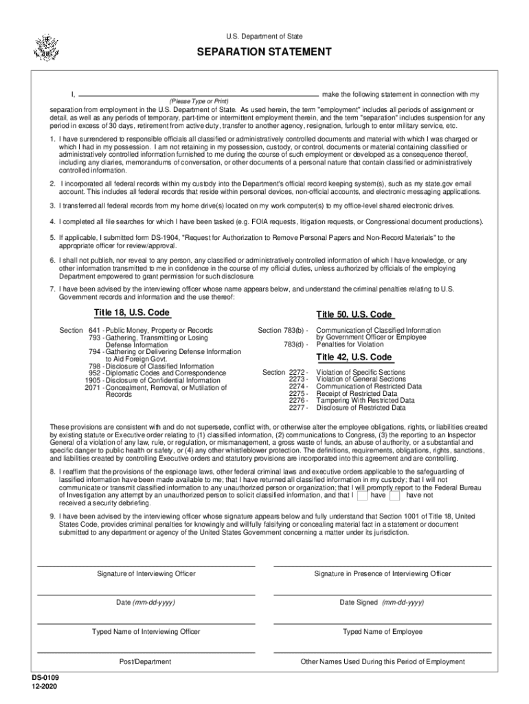 Fillable Form DS109 SEPARATION STATEMENT U S Department