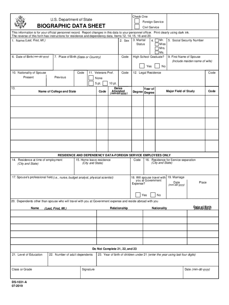 Fill Fillable DEFINITIONS for BIOGRAPHIC DATA SHEET  Form