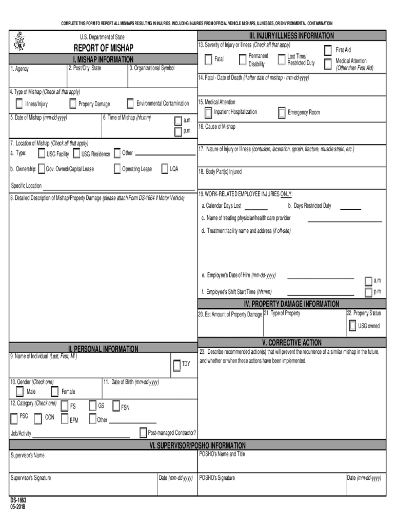 Fill Fillable REPORT of MISHAP Form DS 1663 PDF Form
