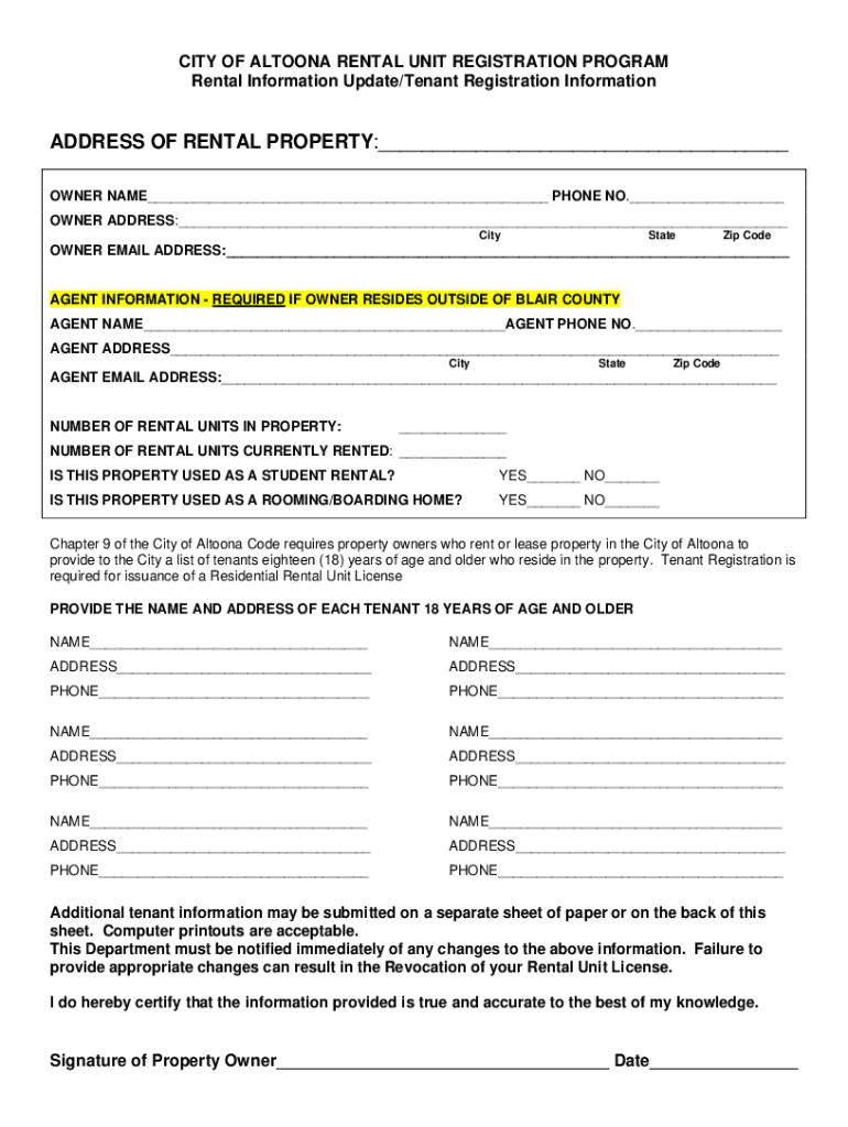 Fillable Tenant Information Form Rental Housing Registration