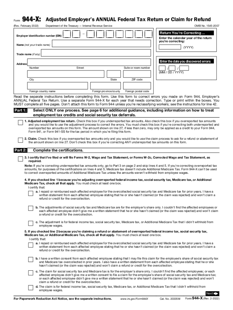  Form 944 X Rev February Adjusted Employer's Annual Federal Tax Return or Claim for Refund 2022