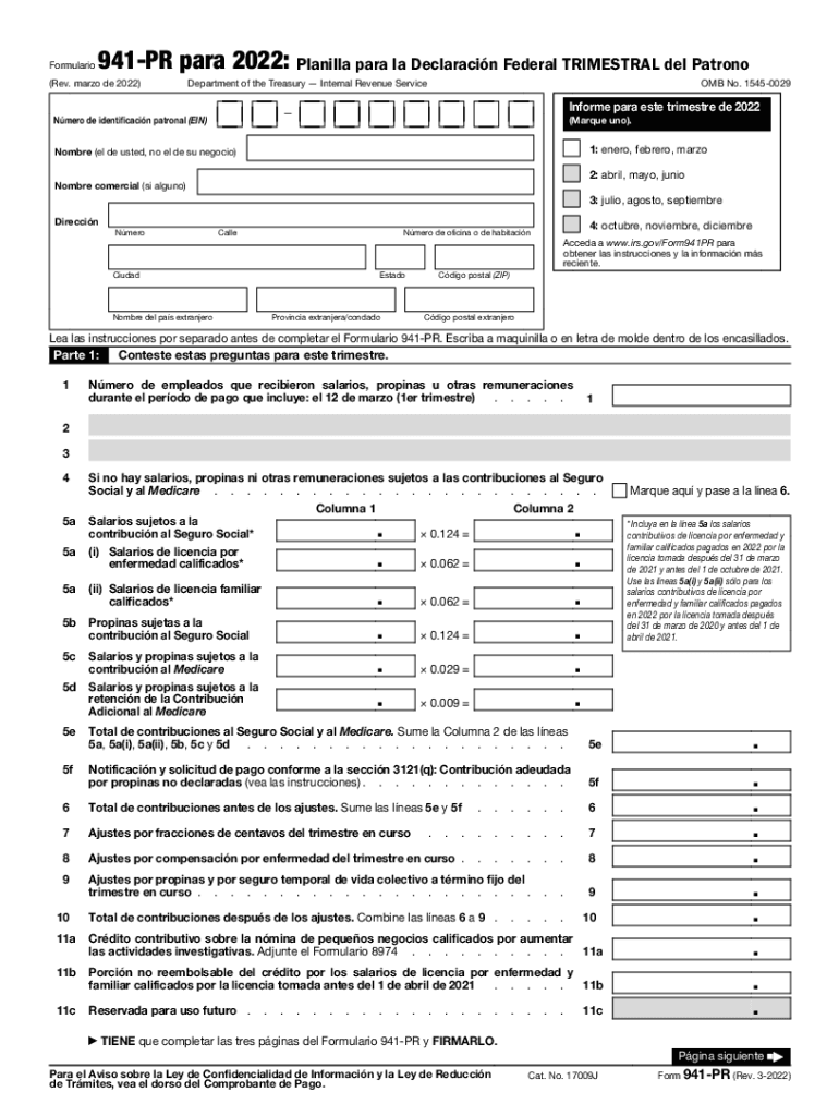  Form 941 PR Rev March Employer's Quarterly Federal Tax Return Puerto Rican Version 2022