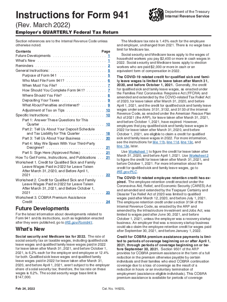  Instructions for Form 941 Rev March Instructions for Form 941, Employer's QUARTERLY Federal Tax Return 2022