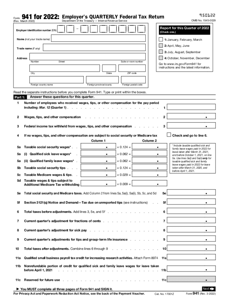  Form 941 Rev March Employer's Quarterly Federal Tax Return 2022