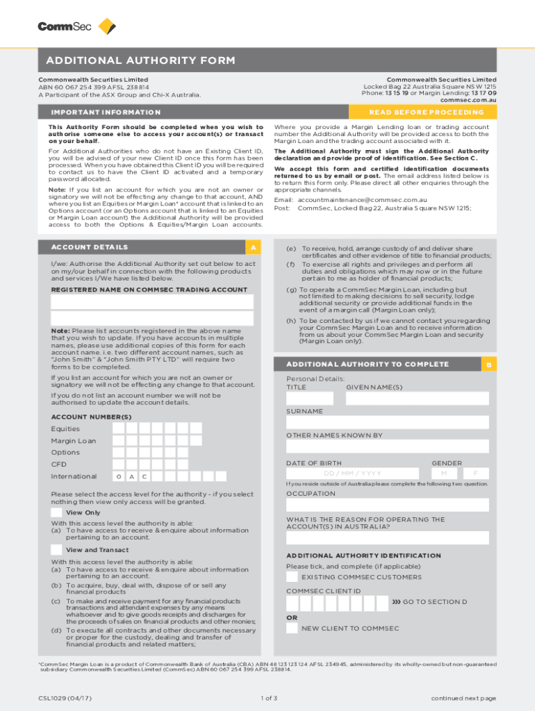  Www Uslegalforms Comform Library289254 CommsecCommsec Additional Authority Form Fill and Sign Printable 2017