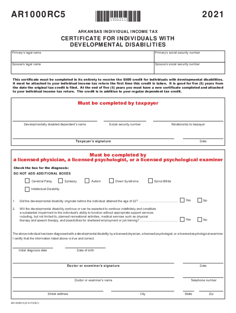  AR1000RC5 ARKANSAS INDIVIDUAL INCOME TAX CERTIFICATE 2021