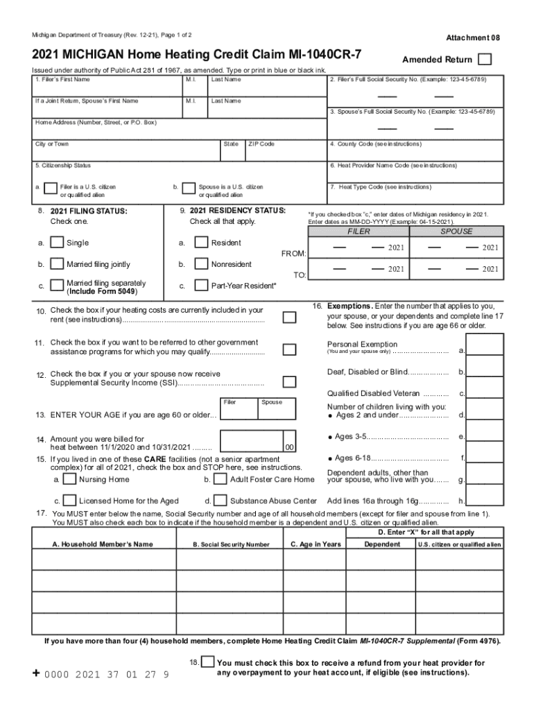 Www Michigan Govdocumentstaxes2021 MICHIGAN Home Heating Credit Claim MI 1040CR 7  Form