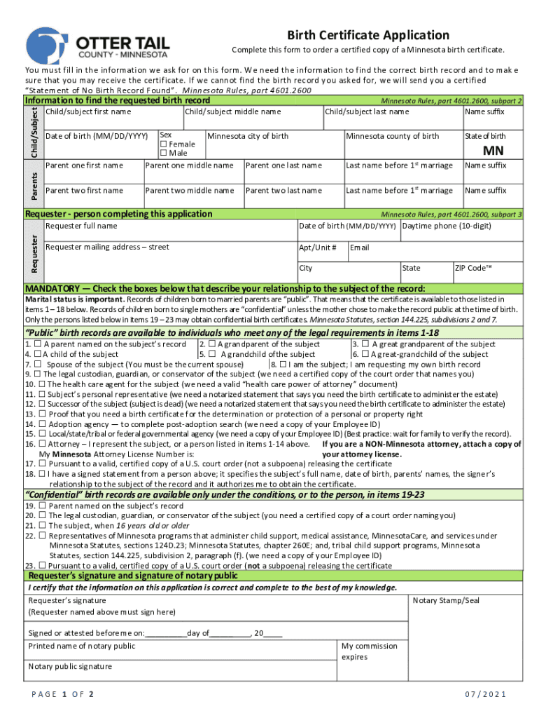 Mn Birth Certificate Application Form