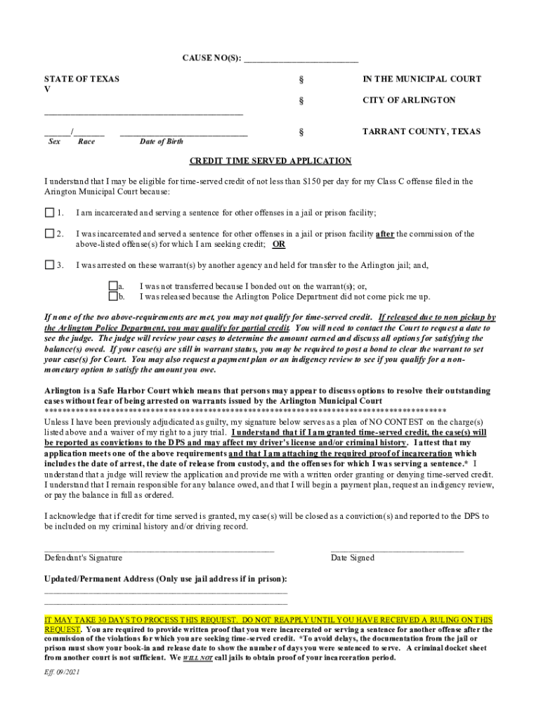  Municipal Credit Time Served Form 2021-2024