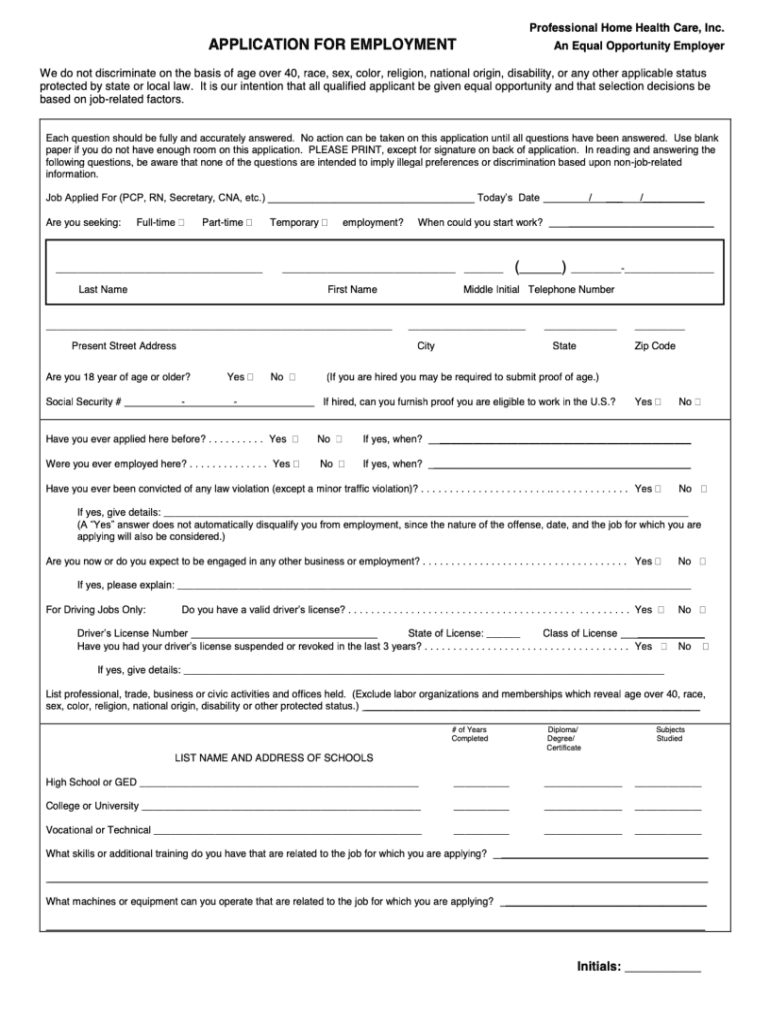  Health Employment Form 2017-2024