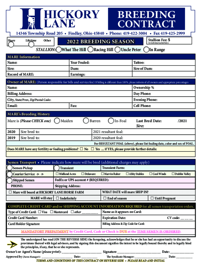  Example Breeding Contracts for Horses 2022-2024