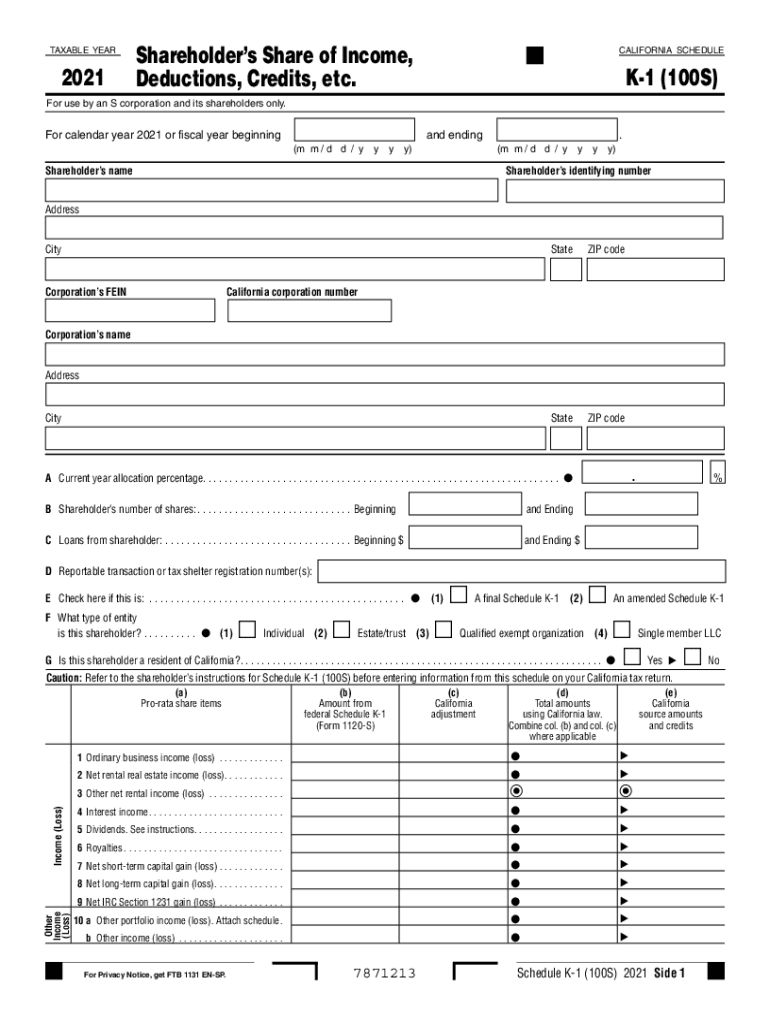  Www Taxformfinder Orgcaliforniaform 100 SCalifornia Shareholder&#039;s Share of Income, Deductions, Credits 2021