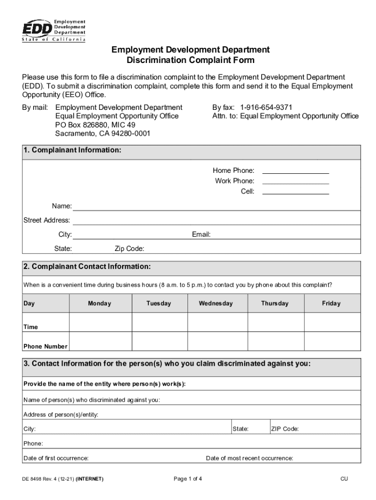  Www Edd Ca Govpdfpubctrde8498Employment Development Department Discrimination Complaint Form 2021-2024