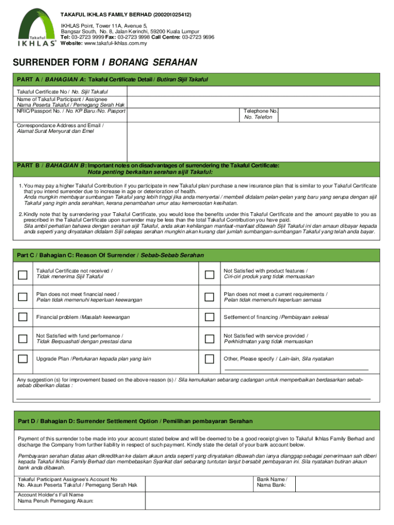 Borang Pembatalan Takaful Ikhlas  Form