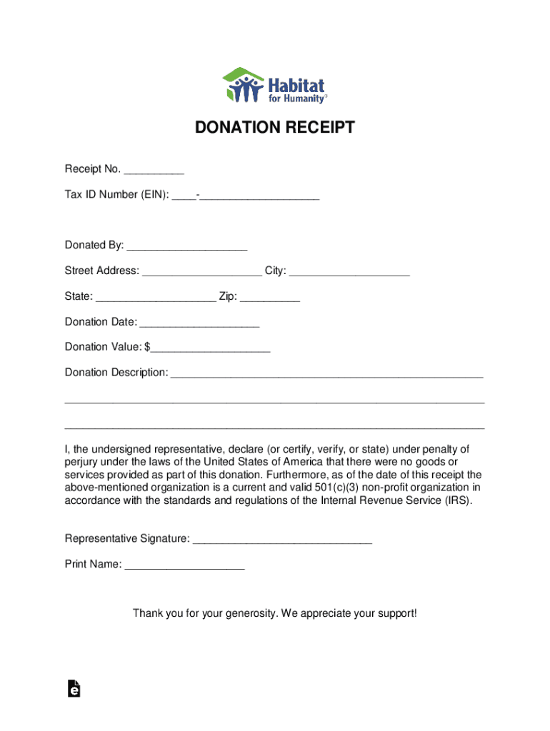  Habitat for Humanity Donation Receipt Template EForms 2019-2024