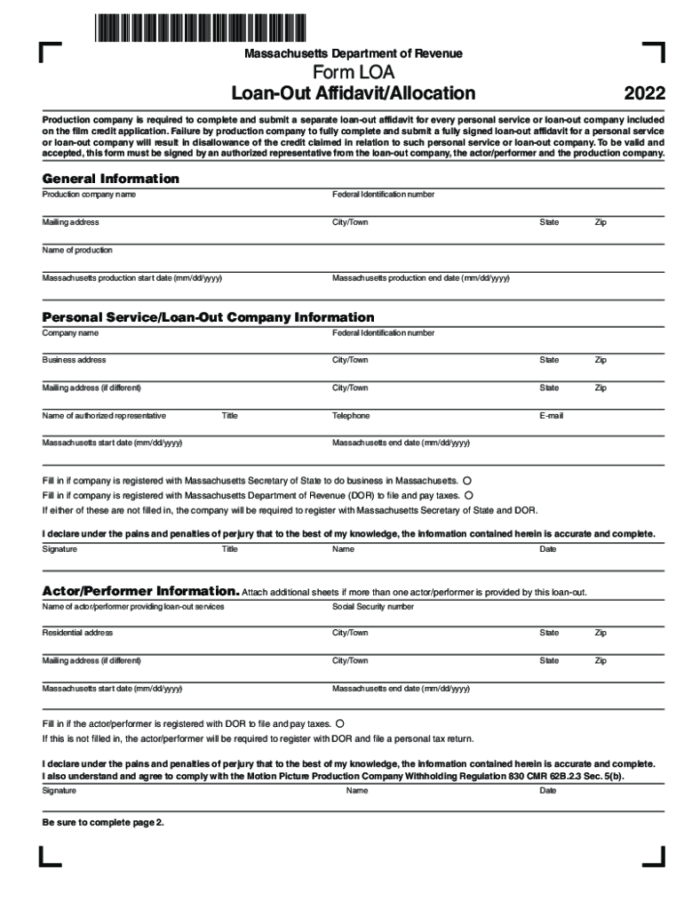  Www Mass Gov16dor Corp Addl Form LoaForm LOA Loan Out AffidavitAllocation Revenue Mass 2022-2024