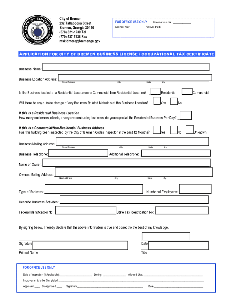 APPLICATION for CITY of BREMEN BUSINESS LICENSE  Form