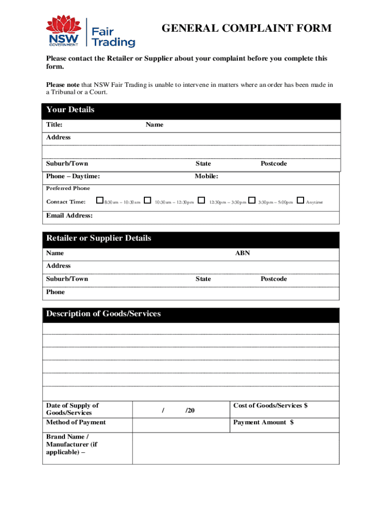 New South Wales Fair Trading  Form