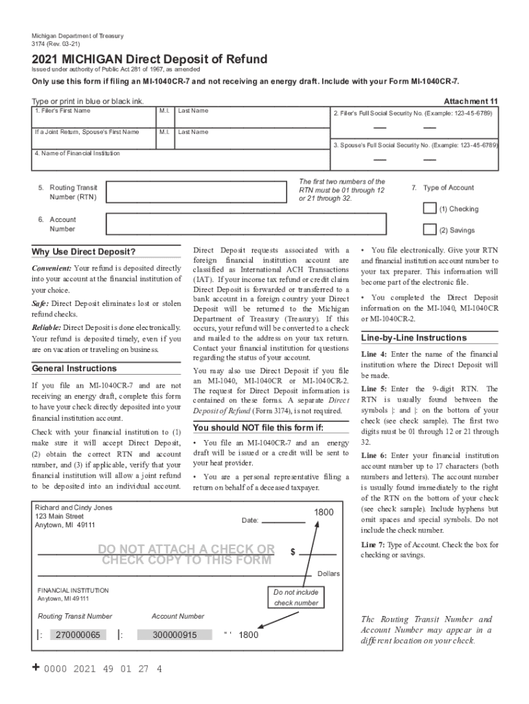  MICHIGAN Direct Deposit of Refund 3174 MICHIGAN Direct Deposit of Refund 3174 2021