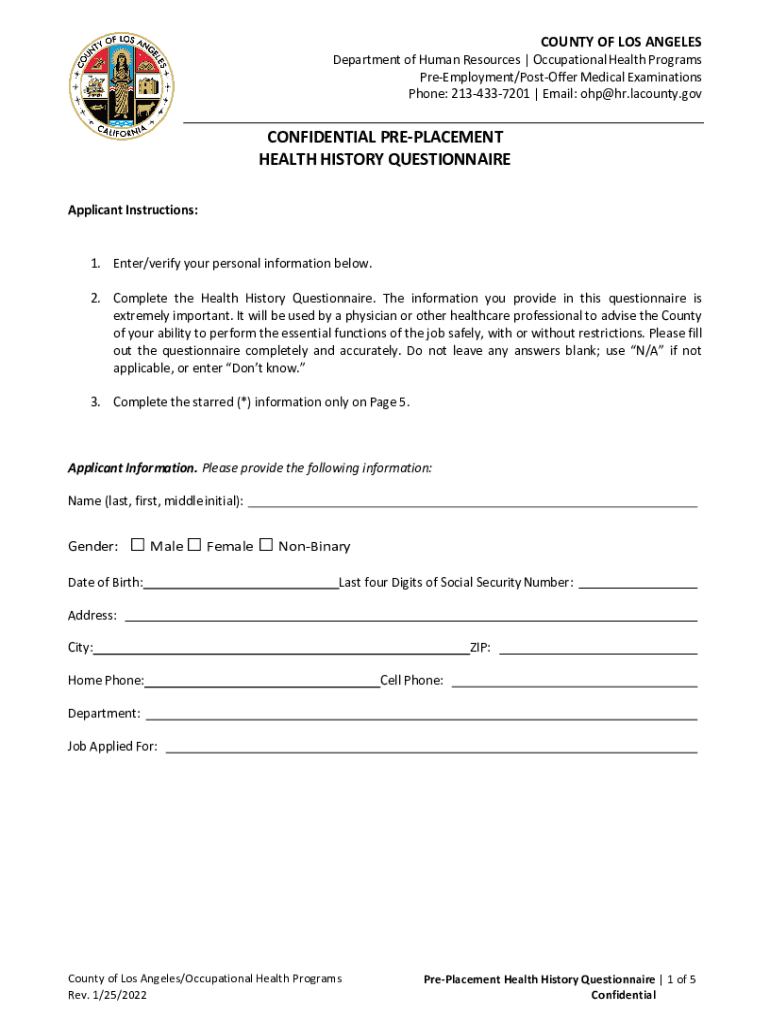 CONFIDENTIAL PRE PLACEMENT HEALTH HISTORY  Form
