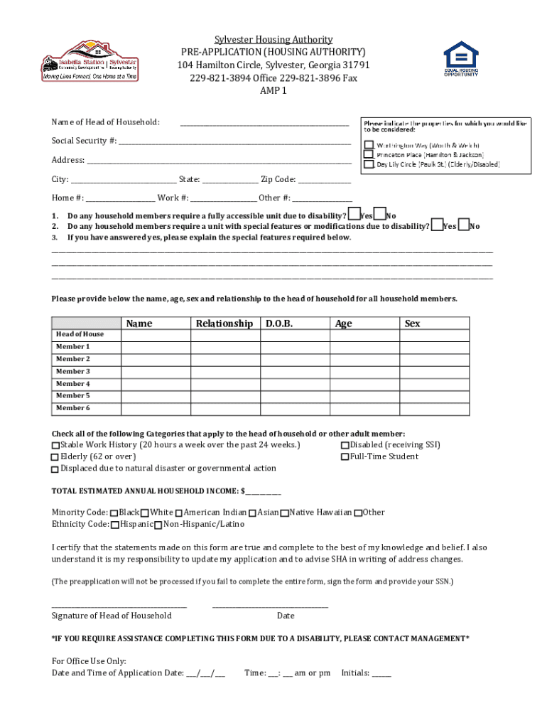 Sylvester Housing Authority PRE APPLICATION HOUSING  Form