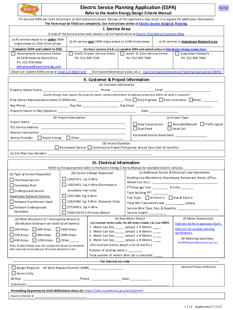  Electric Service Planning Application ESPAElectric Service Planning Application ESPAAustin Energy Design CriteriaElectric Servic 2021-2024